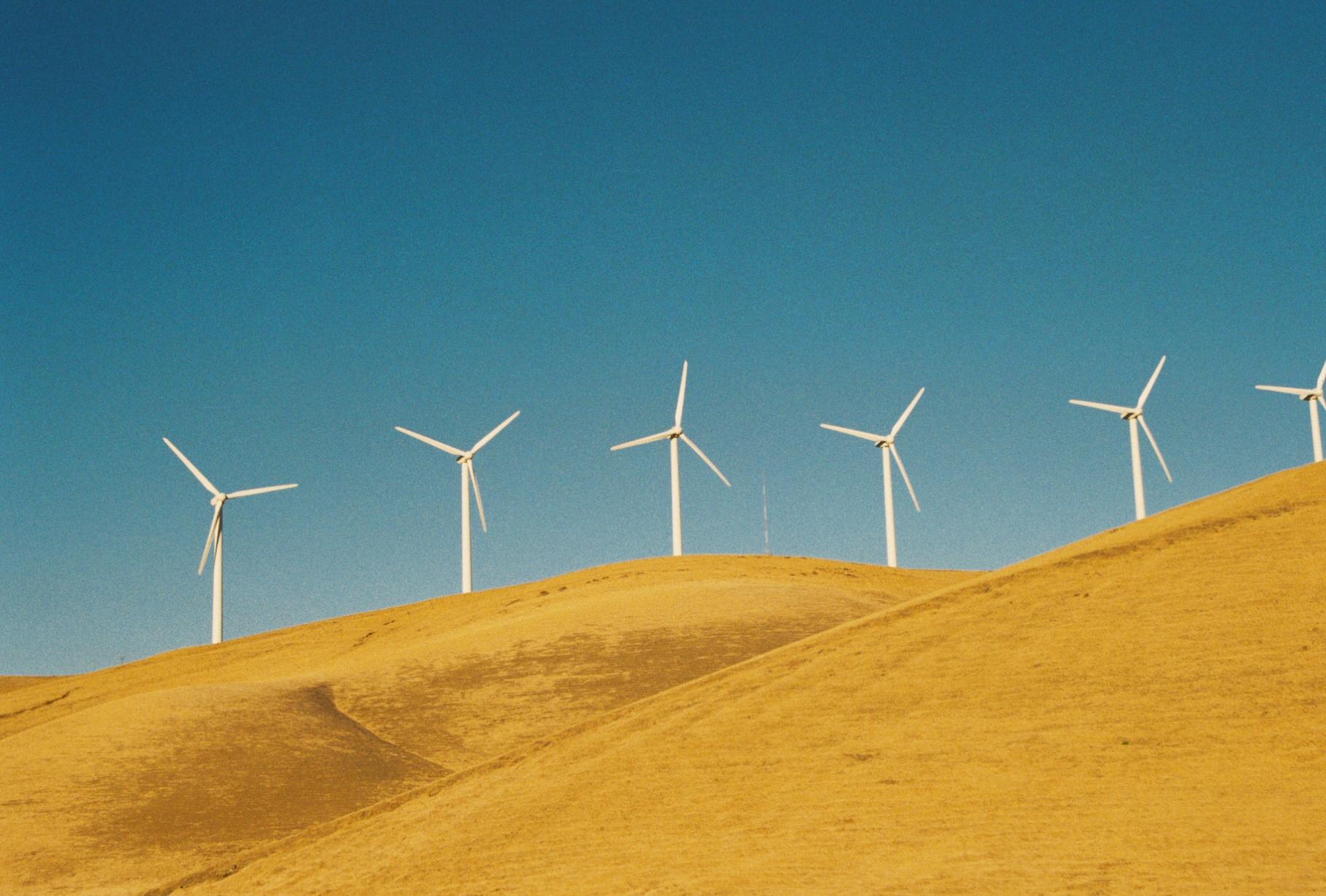 a golden hill with wind turbines placed along the top